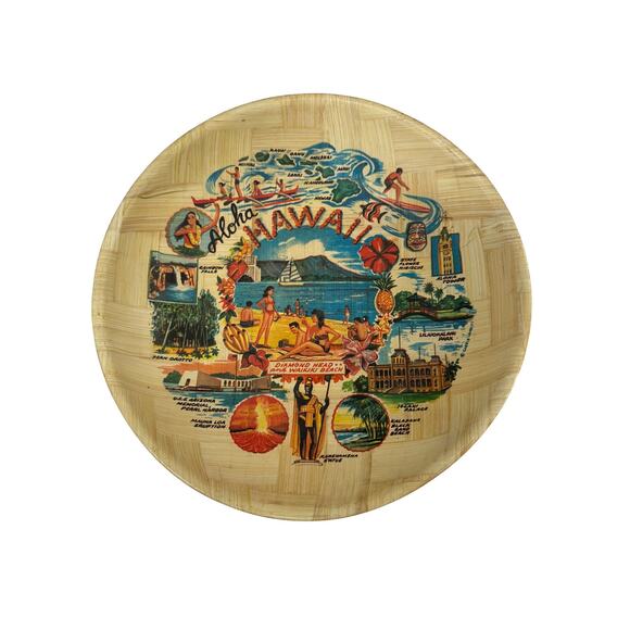 Hawaii Other - Vintage Hawaii Map Souvenir Bamboo Decorative Tray Plate Handwoven